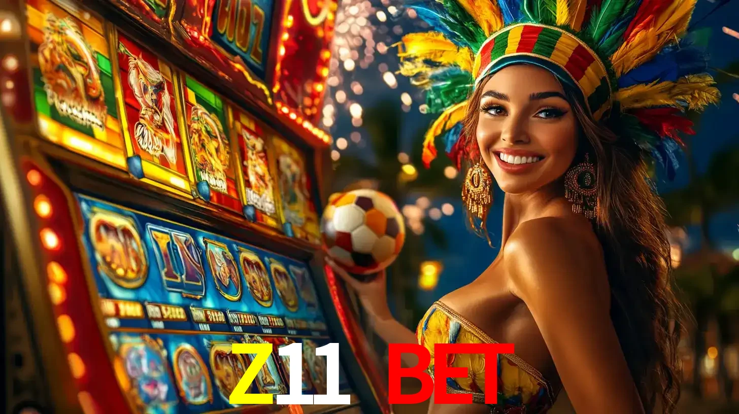 Mulher com um cocar de carnaval ao lado de uma máquina de caça-níqueis enquanto segura uma bola de futebol, mostrando a união da diversão de cassino e esportes no Z11 BET.