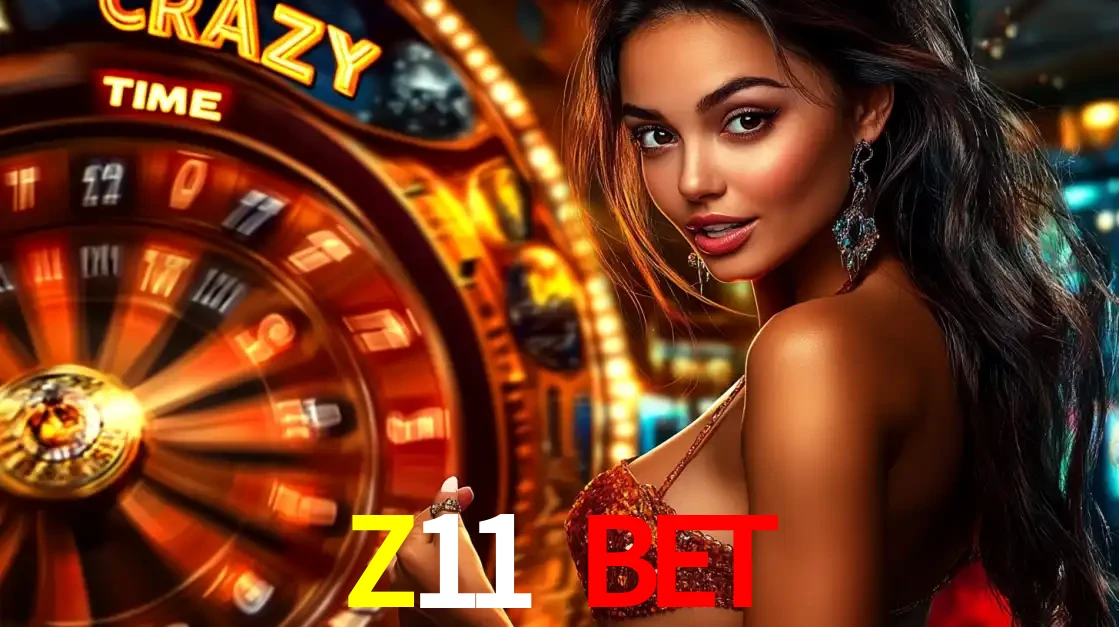 Mulher ao lado da roda de prêmios do jogo de cassino ao vivo Crazy Time, um dos shows de jogos mais emocionantes oferecidos pela plataforma de apostas Z11 BET.
