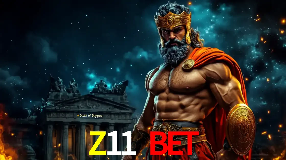 O poderoso Zeus do jogo de slot Gates of Olympus em frente ao seu templo, pronto para lançar multiplicadores divinos e prêmios épicos no cassino online Z11 BET.