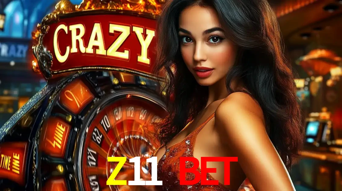 Mulher glamourosa olhando para a câmera com a roda vermelha do Crazy Time ao fundo em um ambiente de cassino, destacando a emoção dos jogos ao vivo no Z11 BET.