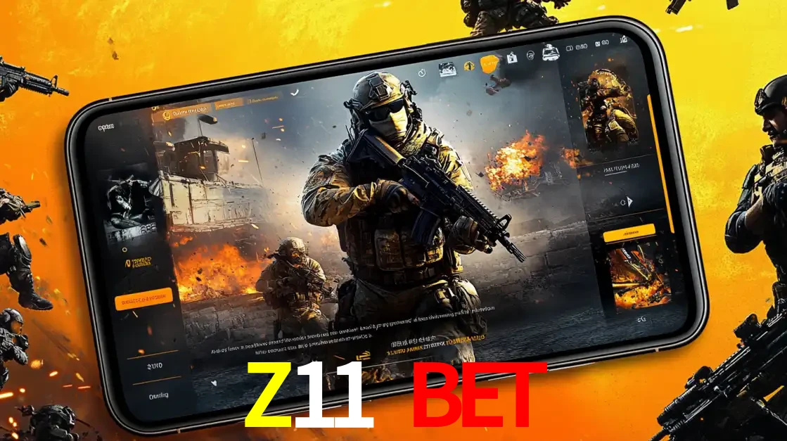 Um smartphone exibindo a interface de um jogo de tiro em primeira pessoa, com um soldado em um cenário de batalha, representando a ação dos e-sports para apostar no Z11 BET.