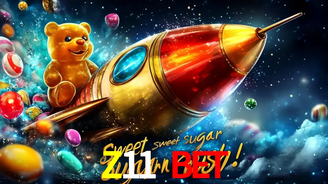 Arte promocional do jogo de slot Sugar Rush, com um urso de pelúcia em um foguete viajando pelo espaço de doces, um dos jogos divertidos disponíveis no cassino Z11 BET.