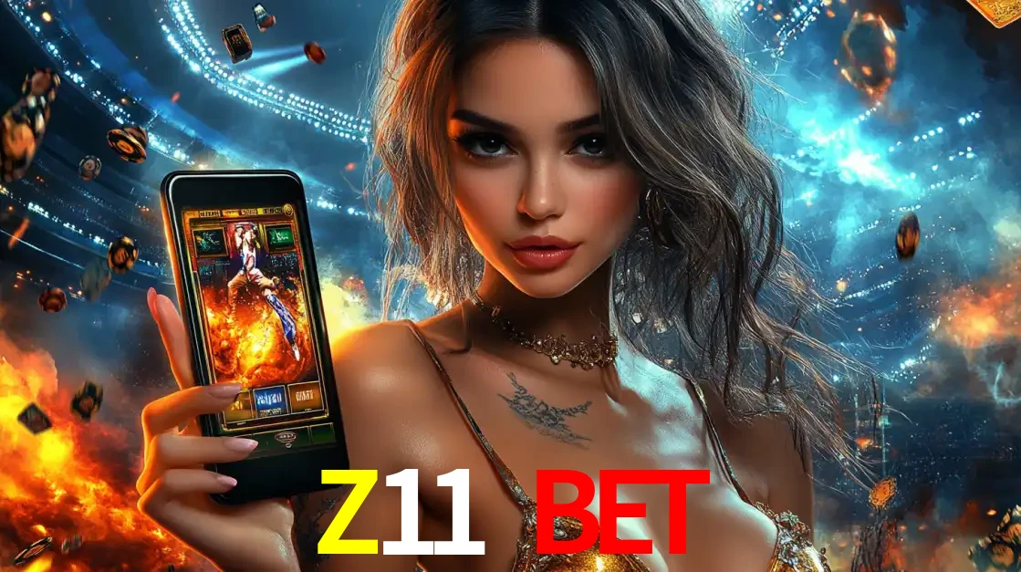 Mulher segurando um celular com um jogo de slot em destaque, tendo como fundo um estádio vibrante, simbolizando a emoção de jogar no cassino móvel Z11 BET.